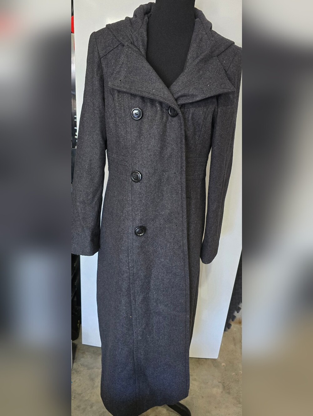 Anne Klein Charcoal Gray Wool Blend Hooded Trench Coat Long Overcoat Size 8